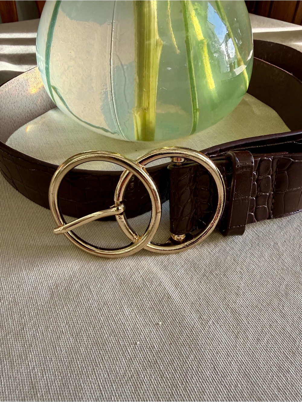 Gold Double-Ring Buckle Brown Faux Leather Croc-Embossed Women's Belt Size L